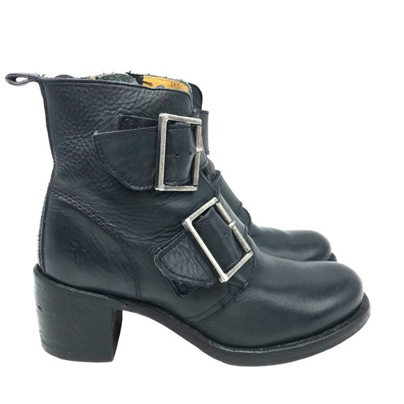 Frye Shoes - FRYE Ankle Boots Womens 7M Heeled Black Leather Moto Buckles Side Zip